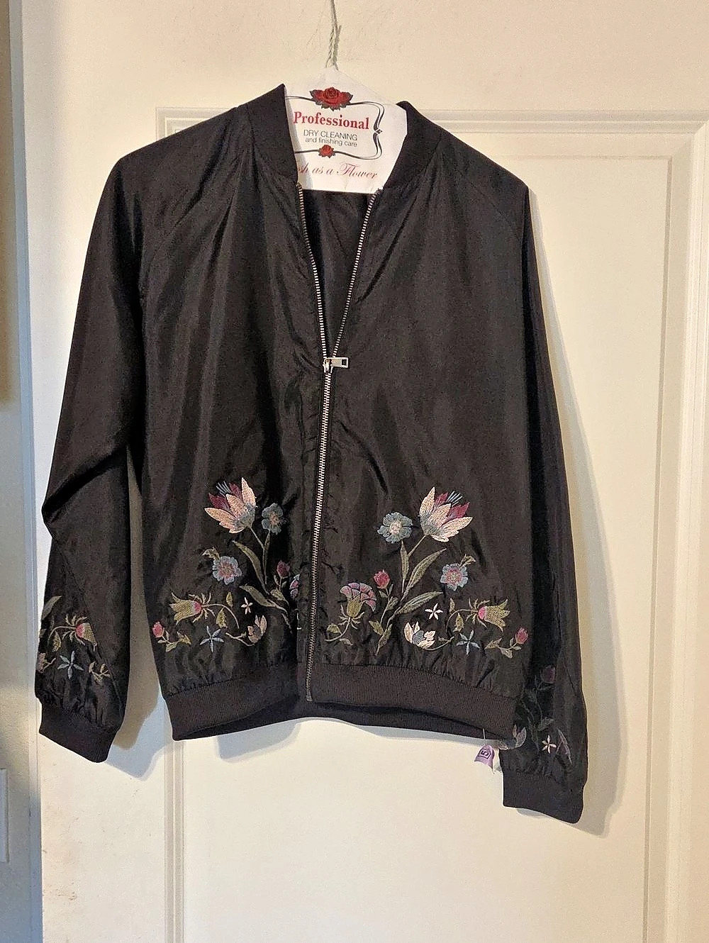 Professional Floral Embroidered Bomber Jacket in Black Like New